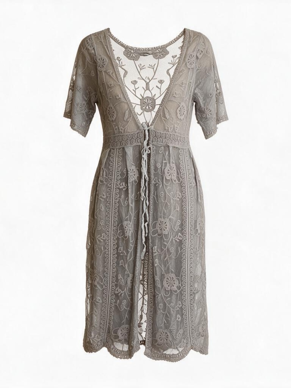 POL Boho Sheer Lace Kimono Duster Cover Up in Light Gray Cotton